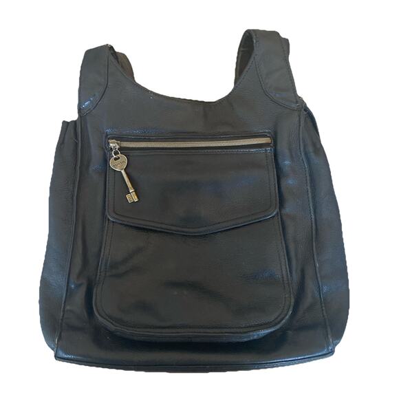 Fossil Medium Black Pebbled Leather Shoulder Bag, Key Zipper, Multiple Pockets - Picture 1 of 12